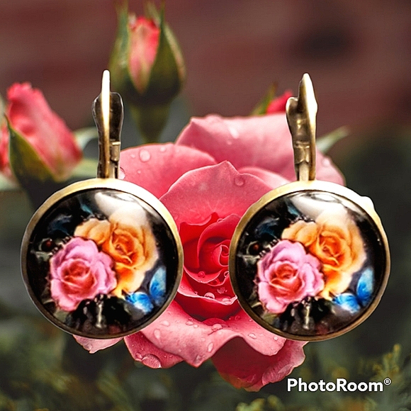 Fashion convex glass earrings with inlaid rose image in bronze lever backs. - Picture 1 of 5